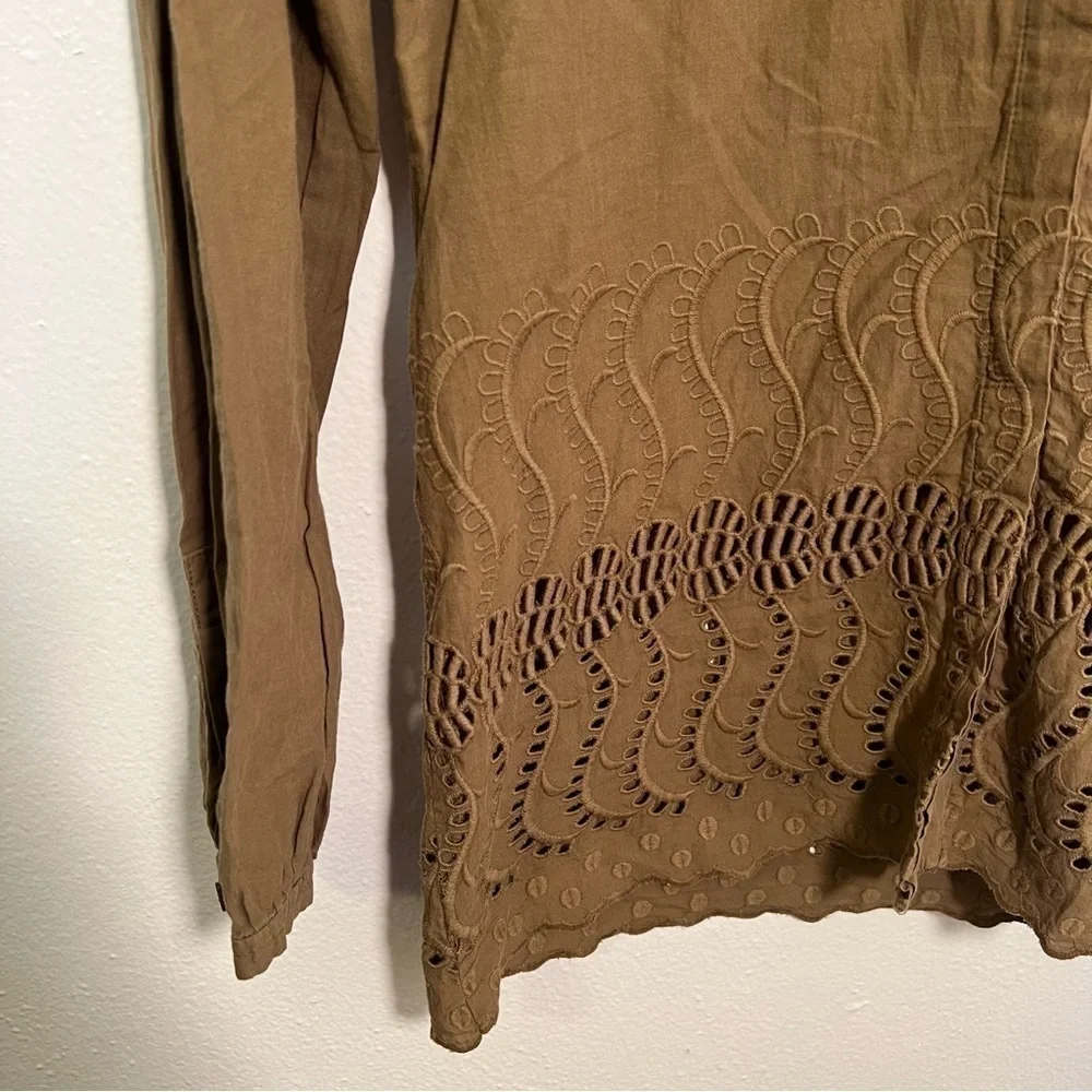 J. Crew Women's Sz 0 Delaney Eyelet-Trim Shirt Spiced Olive Green Tan Collarless